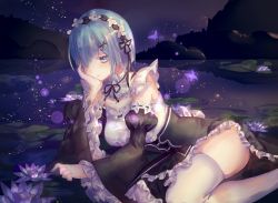 Rule 34 | 10s, 1girl, :/, blue hair, breasts, bug, butterfly, closed mouth, detached collar, detached sleeves, fireflies, flower, frilled sleeves, frills, hair ornament, hair over one eye, head rest, insect, lens flare, lily pad, long sleeves, lying, maid, maid headdress, medium breasts, on side, outdoors, pond, re:zero kara hajimeru isekai seikatsu, rem (re:zero), ribbon-trimmed clothes, ribbon-trimmed sleeves, ribbon trim, short hair, silhouette, solo, thighhighs, white thighhighs, wide sleeves, wu wen, x hair ornament