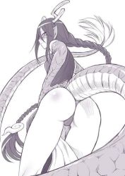Rule 34 | 10s, 1girl, antlers, ass, blush, braid, china dress, chinese clothes, dragon girl, dragon horns, dragon tail, dress, from behind, from below, horns, kouda tomohiro, long hair, monochrome, monster girl, monster musume no iru nichijou, pointy ears, ryu-jin (monster musume), ryuu-jin (monster musume), scales, single braid, slit pupils, solo, tail, very long hair