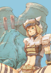 Rule 34 | 00s, 1girl, bad id, bad pixiv id, beastmaster (final fantasy), blue eyes, branch (blackrabbits), brown hair, crab, crustacean, final fantasy, final fantasy xi, fur, horns, midriff, mithra (ff11), short hair, smile, solo