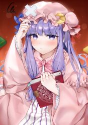 Rule 34 | 1girl, :&lt;, absurdres, arm up, blue ribbon, blunt bangs, blush, book, bow, bowtie, closed mouth, commentary request, crescent, crescent hat ornament, crossed bandaids, dress, flua (fee de la), frills, frown, hat, hat ornament, hat ribbon, highres, holding, holding book, long hair, looking at viewer, mob cap, patchouli knowledge, pink bow, pink bowtie, purple eyes, purple hair, red ribbon, ribbon, robe, solo, squiggle, striped clothes, striped dress, touhou, wide sleeves