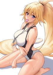 Rule 34 | 1girl, arm under breasts, bare shoulders, barefoot, blue eyes, blush, breasts, competition swimsuit, condom, condom in mouth, condom wrapper, fate/grand order, fate (series), feet, from side, high ponytail, highres, holding own arm, jeanne d&#039;arc (fate), jeanne d&#039;arc (swimsuit archer) (fate), jeanne d&#039;arc (swimsuit archer) (second ascension) (fate), large breasts, long hair, looking at viewer, mouth hold, official alternate costume, one-piece swimsuit, ponytail, simple background, sitting, solar (happymonk), solo, swimsuit, thighs, very long hair, wariza, wet, wet hair, whistle, whistle around neck, white background, white one-piece swimsuit