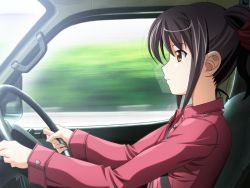 Rule 34 | 1girl, brown eyes, car, driving, game cg, isurugi chie, katakura shinji, kira kira, motor vehicle, purple hair, vehicle