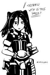 Rule 34 | 10s, 1girl, english text, greyscale, high contrast, holding, holding mask, kantai collection, long hair, mask, monochrome, predator (1987), predator (character), predator (series), sate, simple background, solo, tone (kancolle), trait connection, twintails, twitter username, white background