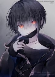 Rule 34 | 1boy, absurdres, black hair, black theme, chain, chain necklace, cross, cross earrings, ear piercing, earrings, highres, jewelry, looking at viewer, male focus, mask, mouth mask, necklace, orange eyes, original, piercing, ponixponi, ring, short hair, solo, taking off