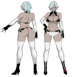Rule 34 | 1girl, black footwear, blue eyes, blue hair, boots, breasts, concept art, contrapposto, damian (usagi nagomu), dark elf, elbow gloves, elf, gloves, hair over one eye, hand on own hip, high heel boots, high heels, highres, large breasts, looking at viewer, multiple views, navel, one eye covered, original, pointy ears, short hair, simple background, smile, standing, thighhighs, usagi nagomu, white background, white thighhighs