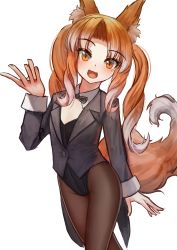 Rule 34 | 1girl, :d, animal ear fluff, animal ears, breasts, child, curly hair, fang, fox ears, fox girl, fox tail, gradient hair, hand up, highres, light brown hair, long hair, multicolored hair, open hands, open mouth, orange eyes, orange hair, original, shimogami ataru, simple background, small breasts, smile, solo, tail, twintails, white background