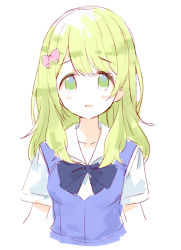 Rule 34 | 1girl, aged up, blue bow, blue vest, blush, bow, collarbone, collared shirt, cropped torso, green eyes, green hair, hair between eyes, hair bow, long hair, looking at viewer, meito (maze), morinaka kazaki, nijisanji, parted lips, pink bow, shirt, short sleeves, simple background, sketch, solo, vest, virtual youtuber, white background, white shirt