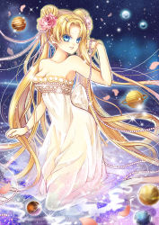 Rule 34 | 1girl, bare shoulders, bishoujo senshi sailor moon, blonde hair, blue eyes, crescent, crescent facial mark, double bun, dress, facial mark, fei xina, flower, full body, hair flower, hair ornament, long hair, md5 mismatch, petals, pink flower, pink rose, planet, princess serenity, rose, solo, sparkle, strapless, strapless dress, tsukino usagi, twintails, white dress