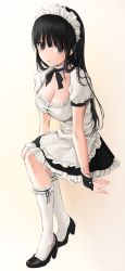 Rule 34 | 1girl, apron, black eyes, black footwear, black hair, breasts, brown background, cleavage, collarbone, full body, gradient background, highres, juenny, kneehighs, large breasts, leaning forward, long hair, looking at viewer, maid, maid apron, maid headdress, neck ribbon, original, parted lips, puffy short sleeves, puffy sleeves, ribbon, shoes, short sleeves, simple background, sitting, socks, solo, waist apron, white background, white socks, wrist cuffs
