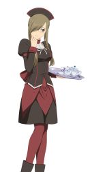 Rule 34 | 00s, 1girl, absurdres, aqua eyes, brown hair, carrying, cup, dress, hair over one eye, headdress, highres, leggings, long hair, long sleeves, official alternate costume, official art, puffy sleeves, red leggings, shy, solo, tales of (series), tales of link, tales of the abyss, teacup, teapot, tear grants, tray