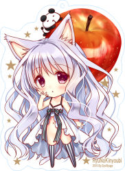 Rule 34 | 1girl, :&lt;, animal ears, apple, artist name, babydoll, bare arms, blush, cat ears, cat girl, cat tail, commentary request, food, fruit, hair between eyes, hand on own cheek, hand on own face, long hair, looking at viewer, navel, no panties, original, panda, red eyes, ryuuga shou, silver hair, simple background, solo, star (symbol), striped clothes, striped thighhighs, tail, thighhighs, very long hair, white babydoll, white background