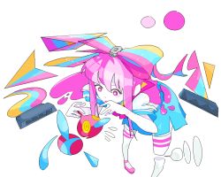 Rule 34 | 1girl, bow, creatures (company), crossover, floating, flying sweatdrops, game freak, gen 4 pokemon, giffany, gravity falls, hair bow, hair ribbon, long hair, looking at another, miniskirt, nintendo, open mouth, pink eyes, pink hair, pixel art, pleated skirt, plum! (plumcea), plumcea, pokemon, pokemon (creature), porygon-z, ribbon, ribbon cable, sata cable, school uniform, serafuku, simple background, skirt, thighhighs, white background