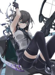Rule 34 | 1girl, arknights, arm up, arrow (projectile), black footwear, black gloves, black shorts, black thighhighs, bow (weapon), crossbow, feather hair, gloves, grey eyes, grey hair, greythroat (arknights), holding, holding bow (weapon), holding crossbow, holding weapon, satanfang, shirt, shoes, short hair, shorts, simple background, sitting, sleeveless, sleeveless shirt, solo, thighhighs, weapon, white background