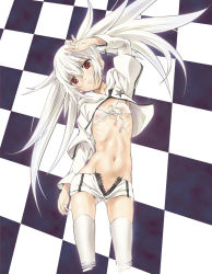 Rule 34 | 10s, 1girl, arm up, bikini, bikini top only, black rock shooter, black rock shooter (game), checkered floor, flat chest, floor, groin, long hair, lying, midriff, navel, nipples, on back, red eyes, shorts, solo, suzuki24, swimsuit, thighhighs, twintails, unzipped, white bikini, white hair, white rock shooter, zipper