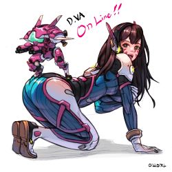 Rule 34 | 1girl, all fours, armor, artist name, ass, bara (totocos), blue bodysuit, bodysuit, boots, bracer, breasts, brown eyes, brown hair, character name, d.va (overwatch), facepaint, facial mark, from side, full body, gloves, hand on own arm, headphones, highres, long hair, looking at viewer, mecha, medium breasts, meka (overwatch), on floor, open mouth, overwatch, overwatch 1, pauldrons, pilot suit, pink lips, ribbed bodysuit, robot, shoulder armor, shoulder pads, simple background, skin tight, solo, teeth, thigh boots, thigh strap, thighhighs, tongue, totocos, whisker markings, white background, white footwear, white gloves