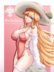 Rule 34 | 1girl, absurdres, azur lane, breasts, character name, cleavage, cowboy shot, fleur-de-lis, frilled swimsuit, frills, hair between eyes, hat, head tilt, highleg, highleg swimsuit, highres, large breasts, long hair, looking at viewer, musanix, one-piece swimsuit, orange hair, outside border, pink background, pink one-piece swimsuit, purple eyes, richelieu (azur lane), richelieu (fleuron of the waves) (azur lane), side-tie swimsuit, simple background, solo, sun hat, swimsuit, thigh strap, thighs, white hat