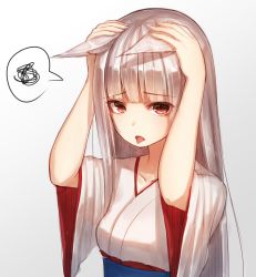 Rule 34 | 1girl, animal ears, blush, brown eyes, collarbone, fox ears, fox girl, highres, hime cut, japanese clothes, kimono, looking at viewer, munuu, obi, original, parted lips, sash, silver hair, solo, spoken squiggle, squiggle, tongue, tongue out, upper body, wide sleeves