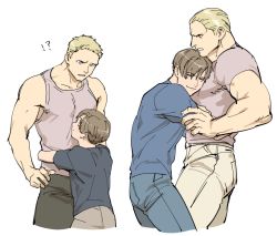 Rule 34 | !?, 2boys, age difference, bara, blonde hair, brown hair, child, closed eyes, closed mouth, couple, hug, jack krauser, leon s. kennedy, looking at another, male focus, multiple boys, muscular, muscular male, onii-shota, pants, resident evil, resident evil: the darkside chronicles, resident evil 4, shirt, short hair, smile, tank top, tatsumi (psmhbpiuczn), white background, yaoi