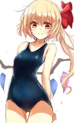 Rule 34 | 1girl, bad id, bad pixiv id, blonde hair, crystal, flandre scarlet, highres, long hair, one-piece swimsuit, red eyes, school swimsuit, side ponytail, smile, solo, standing, swav, swimsuit, tosk (swav-coco), touhou, wings