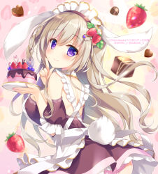 Rule 34 | 1girl, ameto yuki, animal ears, apron, ass, backless dress, backless outfit, bare shoulders, blush, breasts, brown dress, cake, candy, chocolate, chocolate heart, closed mouth, clothing cutout, commentary request, dress, floppy ears, food, frilled apron, frills, from side, fruit, hair between eyes, hands up, heart, holding, holding plate, index finger raised, large breasts, light brown hair, long hair, looking at viewer, looking to the side, maid, maid apron, maid headdress, original, panties, pink panties, plate, purple eyes, rabbit ears, rabbit girl, rabbit tail, smile, solo, strawberry, tail, tail through clothes, underwear, very long hair, white apron