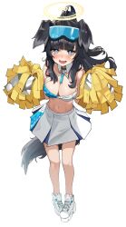 Rule 34 | 1girl, absurdres, animal ears, bare shoulders, black hair, blue archive, blue eyes, blush, breasts, cheerleader, cleavage, collarbone, commentary request, crop top, dog ears, dog girl, dog tail, eyewear on head, full body, goggles, goggles on head, halo, hibiki (blue archive), hibiki (cheer squad) (blue archive), highres, holding, holding pom poms, kagemoe1003, long hair, looking at viewer, medium breasts, midriff, millennium cheerleader outfit (blue archive), miniskirt, navel, official alternate costume, open mouth, pleated skirt, pom pom (cheerleading), pom poms, shoes, simple background, skirt, smile, solo, standing, star sticker, sticker on arm, sticker on face, stomach, tail, text print, wavy mouth, white background, white skirt, yellow halo