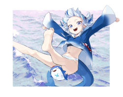Rule 34 | 1girl, absurdres, animal costume, animal hood, barefoot, bloop (gawr gura), blue eyes, blue hair, blue hoodie, bra, colon daityou25, commentary, fins, fish tail, gawr gura, hair ornament, highres, hololive, hololive english, hood, hoodie, long sleeves, medium hair, multicolored hair, navel, ocean, open mouth, outstretched arms, outstretched legs, panties, shark costume, shark girl, shark hair ornament, shark hood, shark tail, sharp teeth, silver hair, streaked hair, symbol-only commentary, tail, teeth, two side up, underwear, virtual youtuber, white panties, wide sleeves