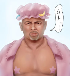 Rule 34 | 1boy, cosplay, crossdressing, facial hair, goatee, hat, looking at viewer, male focus, manly, mukyuu, mutou keiji (wrestler), open clothes, open shirt, pasties, patchouli knowledge, patchouli knowledge (cosplay), portrait, serious, shirt, solo, star pasties, touhou, waribashi-p, what