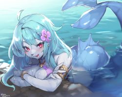 Rule 34 | 1girl, absurdres, ahoge, animal nose, arm rest, armlet, ass, bikini, bikini top only, blue hair, bracelet, breasts, cleavage, crossed arms, fang, fins, flower, furry, furry female, hair flower, hair ornament, highres, jewelry, large breasts, long hair, looking at viewer, mermaid, monster girl, open mouth, original, partially submerged, pink bikini, red eyes, smile, snout, solo, suurin (ksyaro), swimsuit, tail, twitter username, water