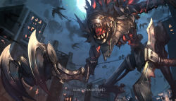 Rule 34 | 1other, animal, artist name, bird, building, claws, commentary, crow, english text, fiddlesticks, flying, franlol, from below, glowing, glowing eyes, highres, league of legends, looking at viewer, moon, moonlight, night, night sky, outdoors, scarecrow, scenery, sky, smoke, smokestack, solo, standing, weapon