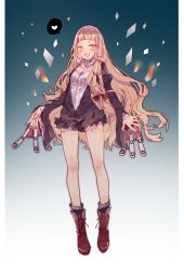 Rule 34 | 1girl, :d, blonde hair, boots, brown dress, dress, full body, green background, heart, highres, itsia, long hair, long sleeves, looking at viewer, open mouth, red footwear, red riding hood (sinoalice), sinoalice, smile, solo, spoken heart, standing, wavy hair, yellow eyes