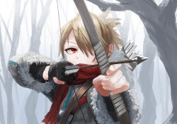 Rule 34 | 1girl, aiming, arrow (projectile), bare tree, black gloves, blonde hair, bow (weapon), day, drawing bow, fighting stance, folded ponytail, forest, fur trim, ginho, gloves, hair over one eye, holding, holding arrow, holding bow (weapon), holding weapon, long sleeves, nature, original, outdoors, outstretched arm, pelt, ready to draw, red eyes, red scarf, scarf, single glove, snow, solo, tree, weapon