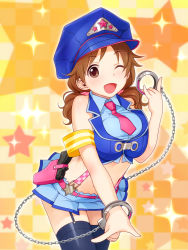 Rule 34 | 10s, 1girl, ;d, armband, breasts, brown eyes, brown hair, chain, checkered background, crop top, cropped jacket, cuffs, gun, handcuffs, hat, holster, idolmaster, idolmaster cinderella girls, katagiri sanae, low twintails, midriff, navel, necktie, nekomata naomi, one eye closed, open mouth, peaked cap, pleated skirt, police badge, police hat, shirt, skirt, sleeveless, sleeveless blazer, sleeveless shirt, smile, solo, sparkle, star (symbol), suspenders, thighhighs, twintails, weapon, wink