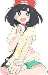 Rule 34 | 1girl, :d, beanie, black hair, blue eyes, blush stickers, creatures (company), game freak, green shorts, hat, holding, holding poke ball, ixy, nintendo, open mouth, poke ball, poke ball (basic), pokemon, pokemon sm, red hat, selene (pokemon), shirt, short hair, short sleeves, shorts, simple background, smile, solo, teeth, tied shirt, upper teeth only, white background, yellow shirt, z-ring