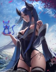 Rule 34 | 1girl, animal, blue hair, blue sky, breasts, cat, choker, cleavage, cloud, cloudy sky, covered navel, cowboy shot, d-han, detached sleeves, facial mark, fairy tail, forehead mark, happy (fairy tail), highleg, highleg leotard, highleg panties, holding, holding animal, horns, large breasts, leotard, long hair, makeup, mascara, mole, mole under eye, panties, parted bangs, petals, red eyes, sayla (fairy tail), seilah, side-tie panties, signature, sky, solo, strapless, strapless leotard, string panties, tattoo, thighhighs, tree, underwear, watermark, web address, wide sleeves