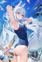 Rule 34 | 1girl, absurdres, animal ears, armpits, arms behind head, arms up, ass, bare shoulders, beach, bird, blue archive, blue one-piece swimsuit, blue sky, blush, breasts, cellphone, fake animal ears, frilled one-piece swimsuit, frills, halo, highres, houkisei, innertube, lifebuoy, long hair, looking at viewer, looking back, medium breasts, miyako (blue archive), miyako (swimsuit) (blue archive), off-shoulder one-piece swimsuit, off shoulder, official alternate costume, one-piece swimsuit, phone, purple eyes, rabbit ears, railing, seagull, side ponytail, sidelocks, sky, smartphone, solo, swim ring, swimsuit, thighs, white hair, wooden railing