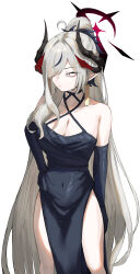 Rule 34 | 1girl, absurdres, black dress, blue archive, breasts, cleavage, collarbone, demon horns, dress, elbow gloves, gloves, grey hair, hair over one eye, hair over shoulder, halo, hand on own hip, highres, horns, large breasts, lechiennoir, long hair, looking to the side, makoto (blue archive), makoto (dress) (blue archive), multiple horns, official alternate costume, one eye covered, pointy ears, simple background, solo, very long hair, white background