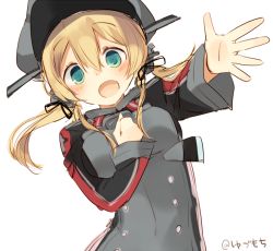 Rule 34 | 10s, 1girl, bad id, bad pixiv id, blonde hair, gloves, green eyes, hand on own chest, hat, kantai collection, long hair, military, military uniform, peaked cap, prinz eugen (kancolle), solo, twintails, uniform, yuzumochi
