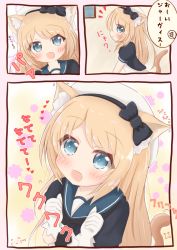 Rule 34 | 1girl, 3koma, animal ears, blonde hair, blue eyes, blue sailor collar, cat ears, cat tail, comic, dress, gloves, hat, highres, jervis (kancolle), kantai collection, kemonomimi mode, long hair, looking at viewer, open mouth, ridy (ri sui), sailor collar, sailor dress, sailor hat, short sleeves, smile, tail, translation request, white dress, white gloves, white hat