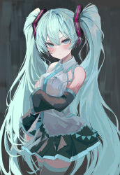 Rule 34 | 1girl, absurdres, aqua eyes, aqua hair, aqua necktie, arm under breasts, bare shoulders, black sleeves, blush, breasts, closed mouth, collared shirt, cowboy shot, detached sleeves, furrowed brow, grey shirt, hair between eyes, hatsune miku, highres, kawasuru (15miclon), lace, lace-trimmed shirt, lace trim, long hair, looking at viewer, medium breasts, miniskirt, necktie, shirt, skirt, sleeveless, sleeveless shirt, small breasts, solo, thighhighs, twintails, very long hair, vocaloid, zettai ryouiki