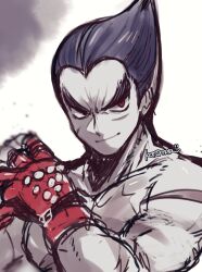Rule 34 | 1boy, black eyes, black hair, closed mouth, collarbone, gloves, heterochromia, kotorai, looking at viewer, male focus, mishima kazuya, monochrome, pectorals, red eyes, red gloves, scar, scar on arm, scar on face, sketch, smile, solo, spot color, tekken, thick eyebrows, topless male, upper body