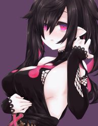 Rule 34 | 1girl, arm under breasts, bad id, bad twitter id, bags under eyes, bare shoulders, black dress, breasts, cleavage cutout, clothing cutout, commentary, detached sleeves, dress, hair over one eye, halterneck, hand on own stomach, hand up, highres, itou ayachi, lace-trimmed collar, lace-trimmed sleeves, lace trim, large breasts, looking at viewer, nijisanji, pale skin, parted lips, pink eyes, pointy ears, purple background, sideboob, simple background, solo, turtleneck, upper body, virtual youtuber, yamiyono moruru