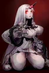 Rule 34 | 10s, 1girl, abyssal ship, bare shoulders, blush, breasts, claws, colored skin, covered erect nipples, dress, female focus, gradient background, ha to mi, high collar, horns, kantai collection, kneeling, large breasts, long hair, looking at viewer, open mouth, pussy, red eyes, ribbed dress, seaport princess, short dress, single horn, solo, uncensored, upskirt, very long hair, white hair, white skin
