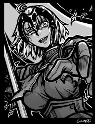 Rule 34 | 1girl, ahoge, armor, armored dress, banner, breasts, fate/grand order, fate (series), gloves, greyscale, headpiece, highres, hirano kouta (style), jeanne d&#039;arc (fate), jeanne d&#039;arc alter (avenger) (fate), jeanne d&#039;arc alter (fate), looking at viewer, monochrome, open mouth, parody, short hair, smirk, solo, style parody, yuuma (u-ma)