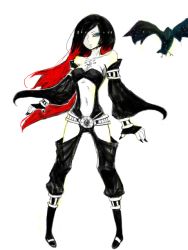 Rule 34 | 1girl, bare shoulders, belt, bird, black hair, blue eyes, breasts, cleavage, clothing cutout, crow, crow (gravity daze), detached pants, detached sleeves, gravity daze, hair over one eye, long hair, multicolored hair, nail polish, navel, navel cutout, pigeon-toed, red hair, scarf, solo, two-tone hair, xii (gravity daze)
