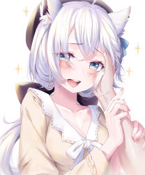 1girl ahoge amaroku_neko animal_ear_fluff animal_ears blue_eyes blush braid breasts cleavage collarbone commentary_request fox_ears grey_hair hair_between_eyes hand_on_another&#039;s_cheek hand_on_another&#039;s_face hand_on_another&#039;s_head happy highres hololive long_hair long_sleeves looking_at_viewer medium_breasts open_mouth shirakami_fubuki shirakami_fubuki_(street) smile solo_focus sparkle tail teeth upper_teeth_only virtual_youtuber white_background white_hair