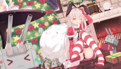Rule 34 | 1girl, animal ears, arm up, black panties, bow, box, brown eyes, cameltoe, capelet, christmas tree, dutch angle, elbow gloves, fake animal ears, gift, gift bag, gift box, gloves, hand on own head, highres, holding, holding box, indoors, kantai collection, long hair, miniskirt, natsu97, one eye closed, open mouth, panties, pleated skirt, rabbit ears, red bow, red gloves, red skirt, rensouhou-chan, revision, santa costume, shimakaze (kancolle), silver hair, sitting, skirt, solo, star (symbol), striped clothes, striped thighhighs, thighhighs, underwear, very long hair