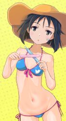 Rule 34 | 1girl, bandaid, bandaid on face, bikini, black hair, blue bikini, blush, brave witches, breasts, collarbone, grey eyes, hat, highres, kanno naoe, keicha (kmoekaki), looking at viewer, navel, open mouth, short hair, side-tie bikini bottom, simple background, small breasts, solo, swimsuit, world witches series