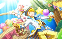 Rule 34 | 1boy, animal ears, balloon, basket, blonde hair, buttons, easter egg, egg, fake animal ears, gloves, hat, headset, highres, holding, holding basket, idolmaster, idolmaster side-m, idolmaster side-m live on stage!, long sleeves, maita rui, male focus, official art, one eye closed, open mouth, pants, rabbit ears, smile, teeth, top hat, upper teeth only, yellow pants