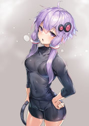 Rule 34 | 1girl, absurdres, ahoge, ajishio, bike shorts, black shirt, black shorts, blush, breasts, breath, commentary, covered erect nipples, covered navel, grey background, hair between eyes, hair ornament, hand on own hip, heavy breathing, highres, holding, long sleeves, looking at viewer, medium breasts, parted lips, purple eyes, purple hair, ring-con, ring fit adventure, shirt, short hair with long locks, shorts, simple background, skin tight, solo, steam, sweat, vocaloid, voiceroid, yuzuki yukari