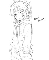Rule 34 | 1girl, 2018, 2019, blush, closed mouth, commentary request, cowboy shot, drawstring, earrings, greyscale, hands in pockets, highres, hood, hood down, hoodie, jewelry, koshigaya natsumi, monochrome, non non biyori, pants, ponytail, shika (s1ka), sketch, smile, solo, standing, white background